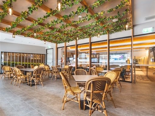 Terrace on Russell: cane chairs and tables under a ceiling of vines, with windows to the street